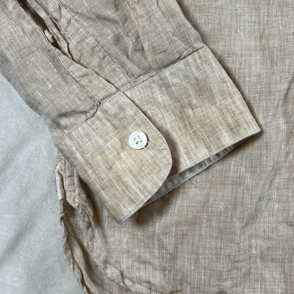 Hickey Freeman 100% Linen XL Light Tan Summer Spring Beach Vacation Shirt Zegna - Picture 3 of 12